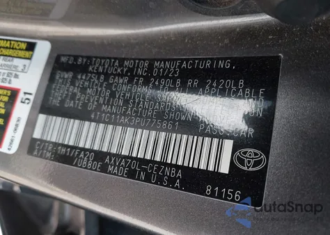 2023 Toyota Camry Le из США, поврежденный, VIN 4T1C11AK3PU775861